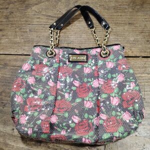 Betsey Johnson Purse Tote Bag Shoulder Sequin Rose Red Black Chain